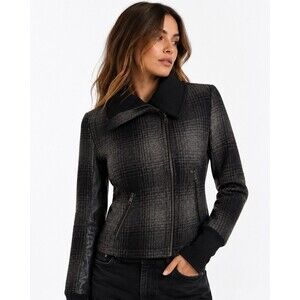 A.L.C. Plaid Wool Blend Moto Jacket Leather Trim Asymmetrical Zip Gray Black 2